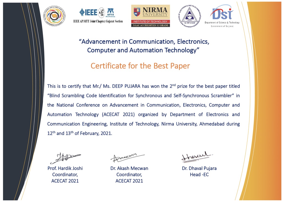 Best Paper certificate, ACECAT