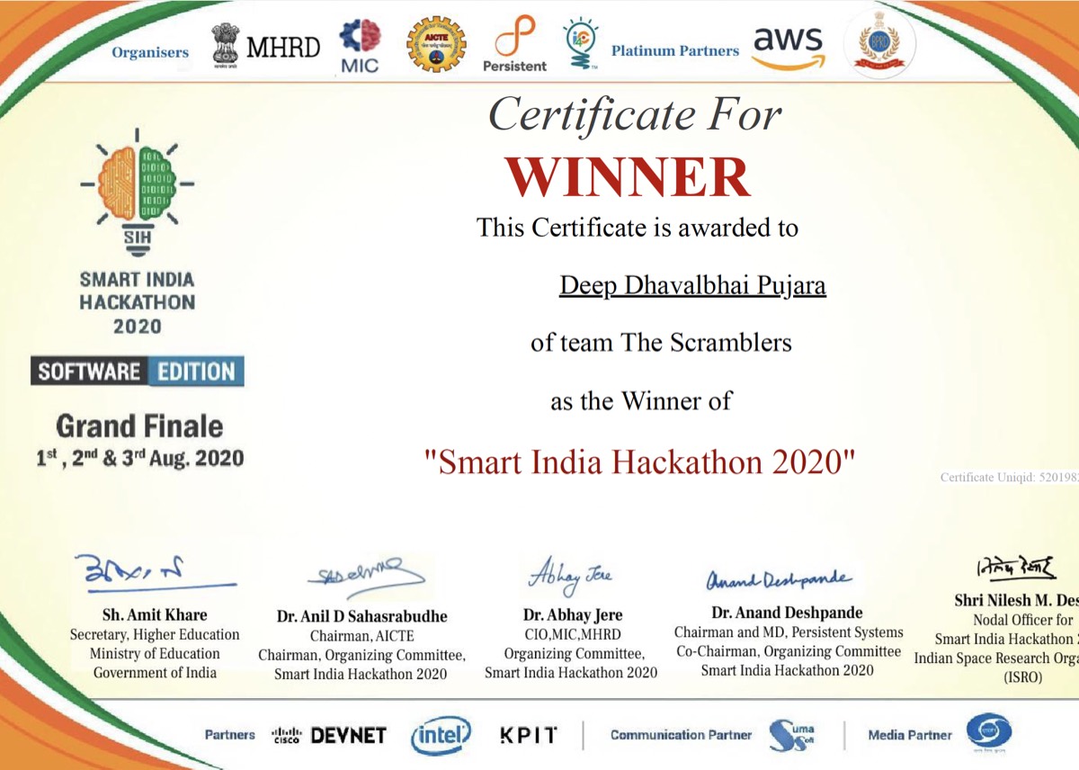 Smart India Hackathon 2020 winner certificate